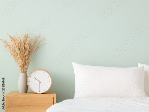 Minimalist Digital Wellness Clock on Wooden Stand in Serene Bedroom - Enhancing Sleep Quality for Wellness Apps and Modern Lifestyle Design photo