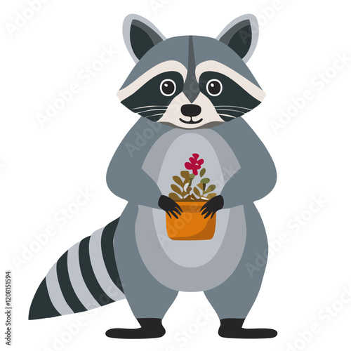 Waschbär mit einem Blumentopf in den Pfoten