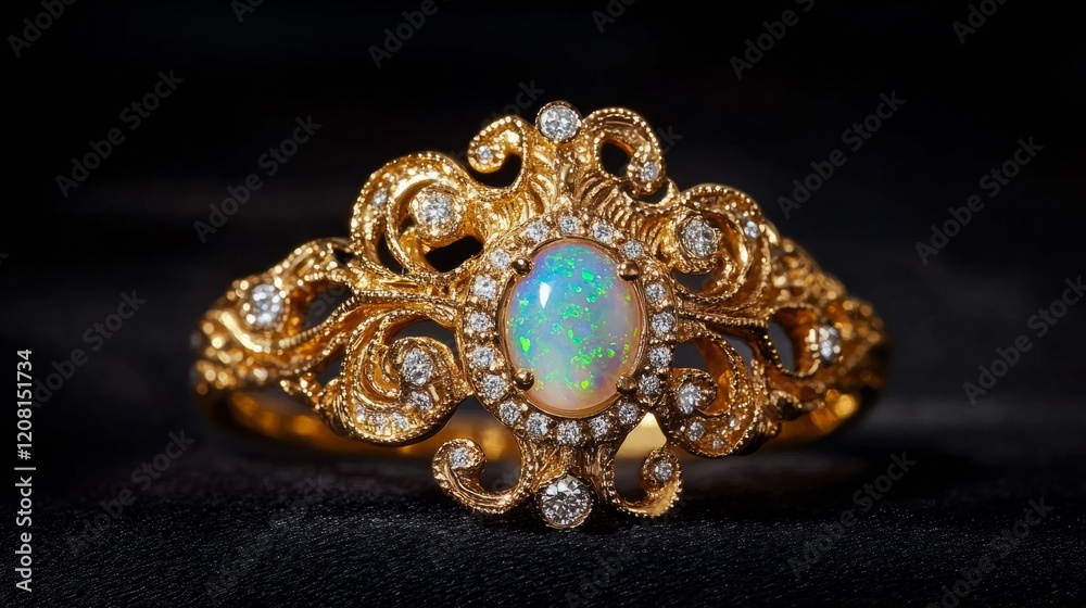 Baroque style ring with an intricate gold design, with a central opal surrounded by small diamonds generative ai Baroque style ring with an intricate gold design, with a central opal surrounded by small diamonds generative ai