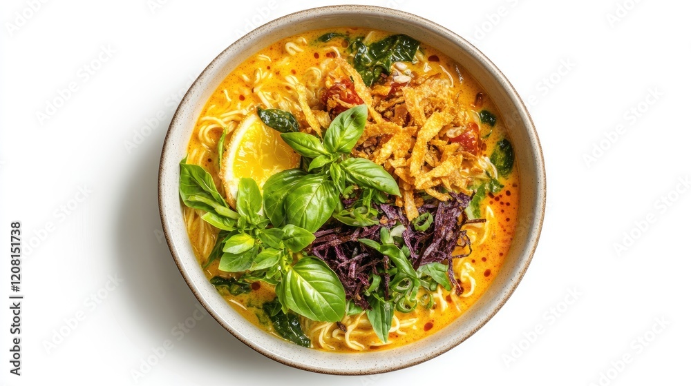 Khao soi northern-style curry noodles with crispy toppings, served in a bowl on a white background. Khao soi northern-style curry noodles with crispy toppings, served in a bowl on a white background.