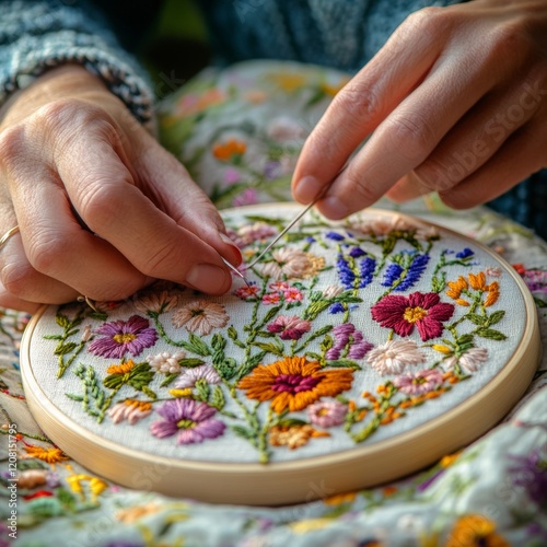 Contemporary Handmade Embroidery Delicate Floral Art on Linen Hoop for Fashion Design and Creative DIY Inspiration - Textile Craft Trends and Artistic Workshops