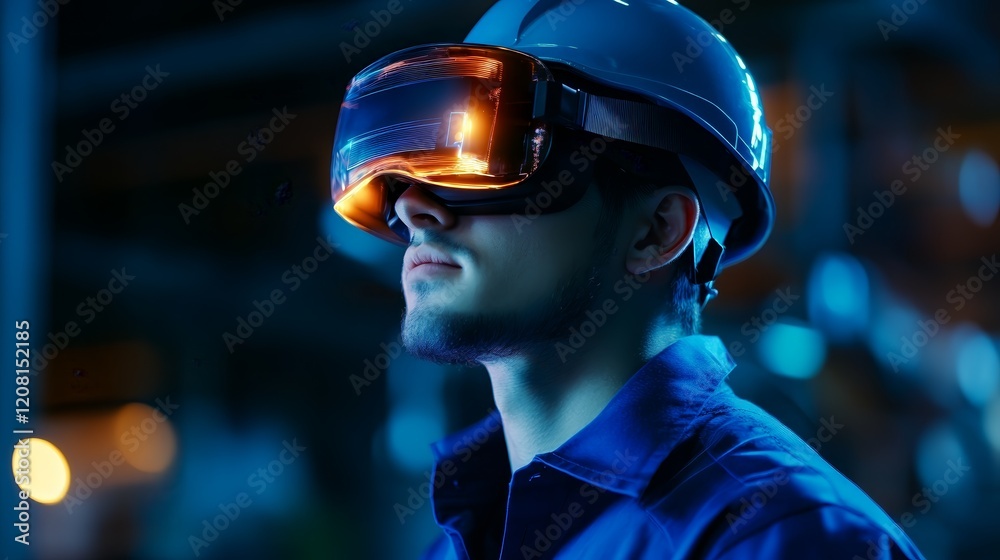 A man wearing a virtual reality headset in an industrial setting, focused on his task. A man wearing a virtual reality headset in an industrial setting, focused on his task.