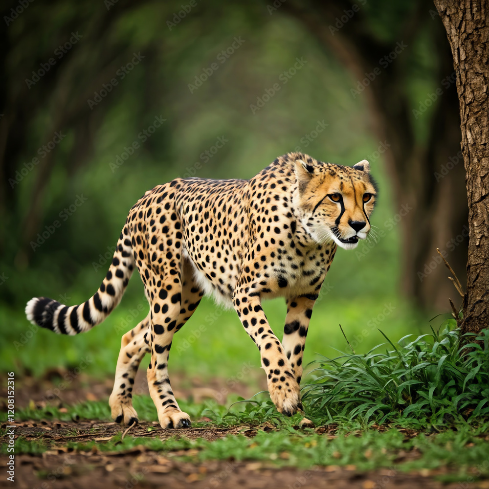 Wildlife action shot of a cheetah running and walking across the African savanna jungle at high speed Wildlife action shot of a cheetah running and walking across the African savanna jungle at high speed