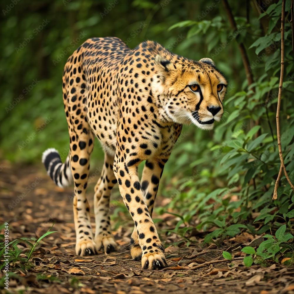 Wildlife action shot of a cheetah running and walking across the African savanna jungle at high speed Wildlife action shot of a cheetah running and walking across the African savanna jungle at high speed