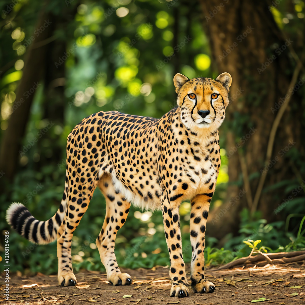 Wildlife action shot of a cheetah running and walking across the African savanna jungle at high speed Wildlife action shot of a cheetah running and walking across the African savanna jungle at high speed