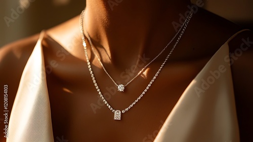 A woman wearing a necklace with a diamond pendant