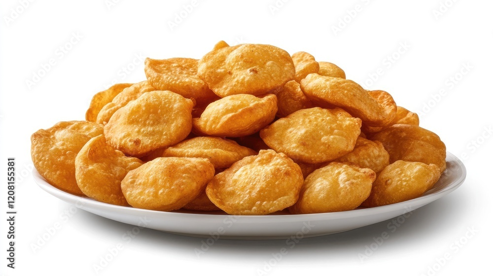 Pile of crunchy, golden-brown puris served with potato curry on a clean white plate Pile of crunchy, golden-brown puris served with potato curry on a clean white plate