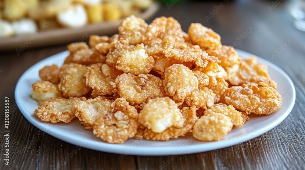 Pile of crunchy, golden-brown puris served with potato curry on a clean white plate Pile of crunchy, golden-brown puris served with potato curry on a clean white plate