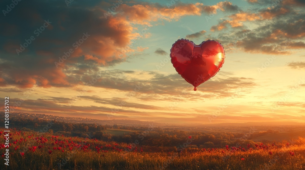 Obraz premium Â· A heart-shaped balloon floating in the sky over a scenic romantic landscape