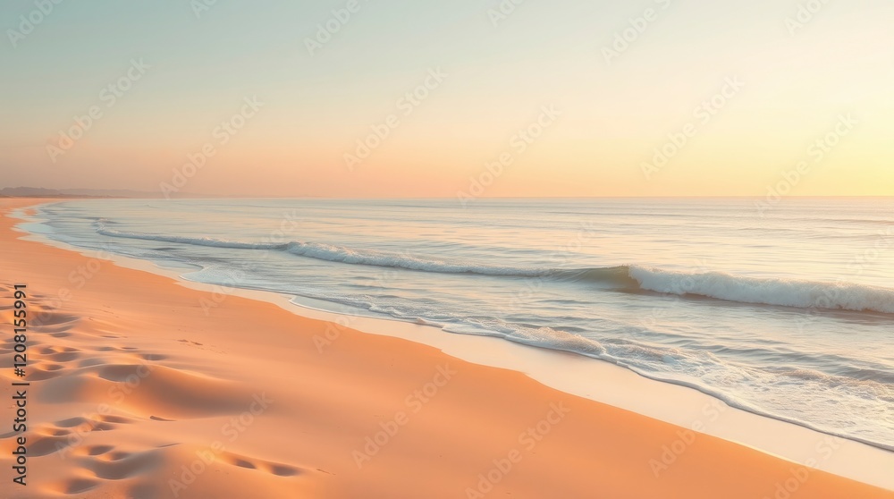 Serene Sunrise Beach: Golden Sands, Gentle Waves, Tranquil Coastal Scene Serene Sunrise Beach: Golden Sands, Gentle Waves, Tranquil Coastal Scene
