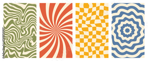 Vector groovy poster set. Chessboard and twisted backgrounds in trendy retro 70s style. Twisted and distorted patterns.