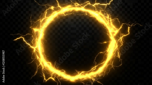 Obraz na płótnie plasma glowing electric yellow hologram isolated on transparent, circles lightning round frame portal layer overlay on black background --ar 16:9 --v 6.1 Job ID: 6a46cd09-6a12-4c40-a151-11d1820c23eb w salonie