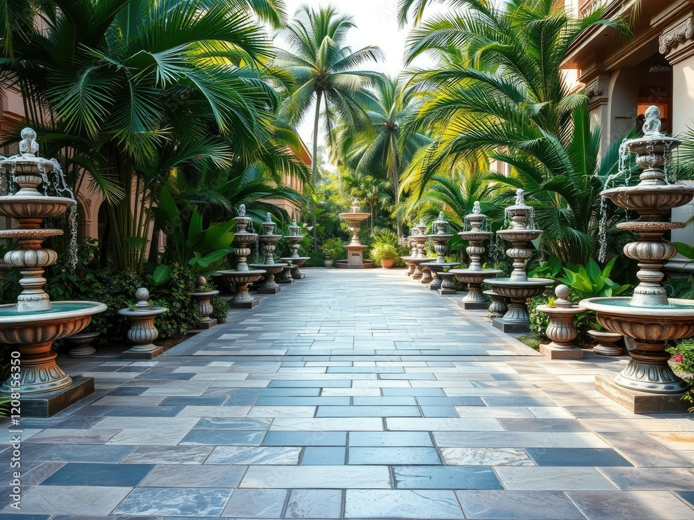 Fototapeta premium An elegant stone walkway lined with ornate fountains and surrounded by lush tropical plants, peaceful ambiance, illuminated paths
