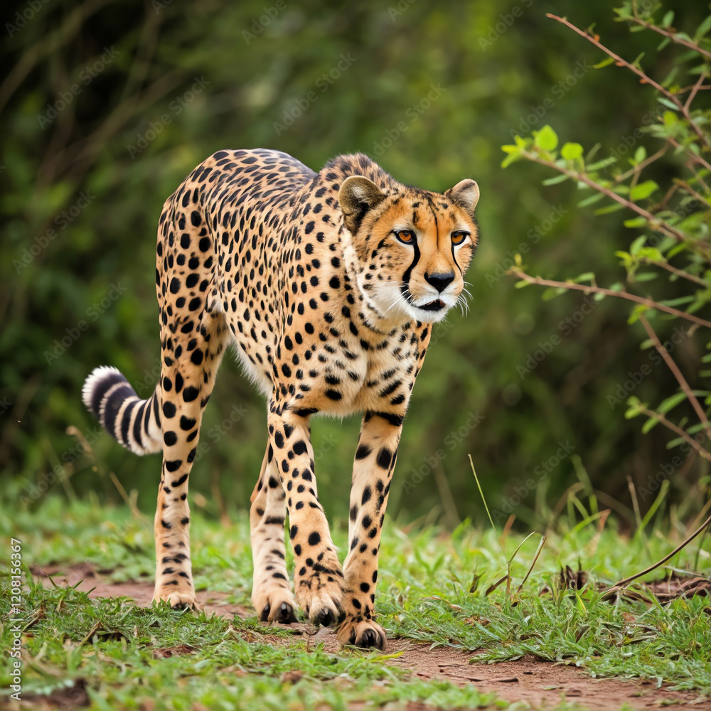 Wildlife action shot of a cheetah running and walking across the African savanna jungle at high speed Wildlife action shot of a cheetah running and walking across the African savanna jungle at high speed