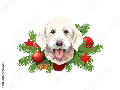 Dog Head with Red Bead and Pine Green Neck Decor, Tongue Out