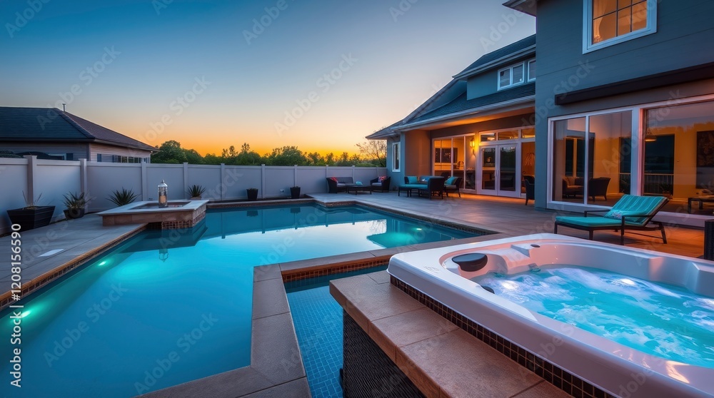 Fototapeta premium Serene Twilight Poolside: Modern Home with Hot Tub and Sunset