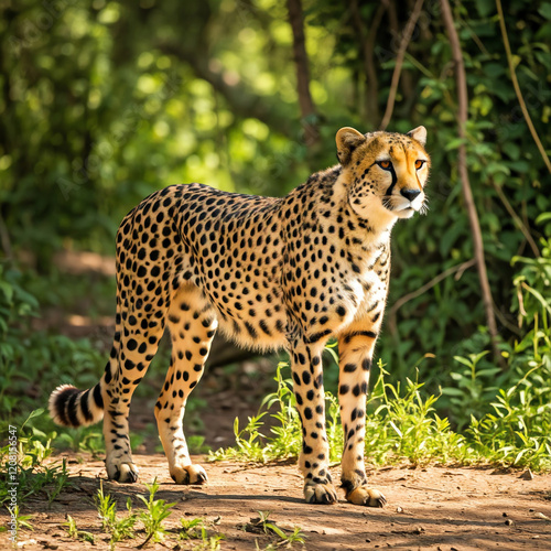 Wildlife action shot of a cheetah running and walking across the African savanna jungle at high speed