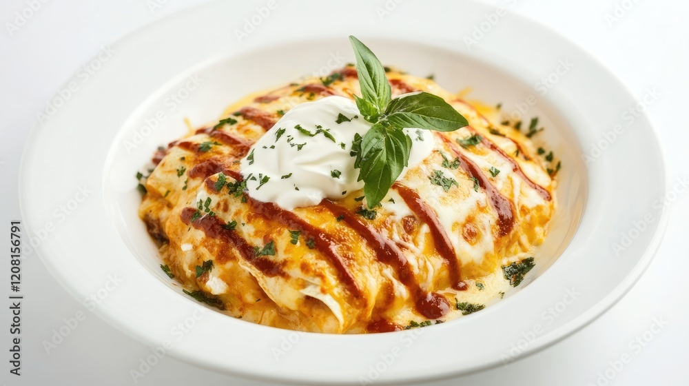 Plate of cheesy enchiladas garnished with sour cream and fresh herbs on a white backdrop Plate of cheesy enchiladas garnished with sour cream and fresh herbs on a white backdrop