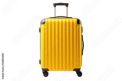 Bright yellow suitcase ready for travel in a minimalist setting with white background isolated on transparent background