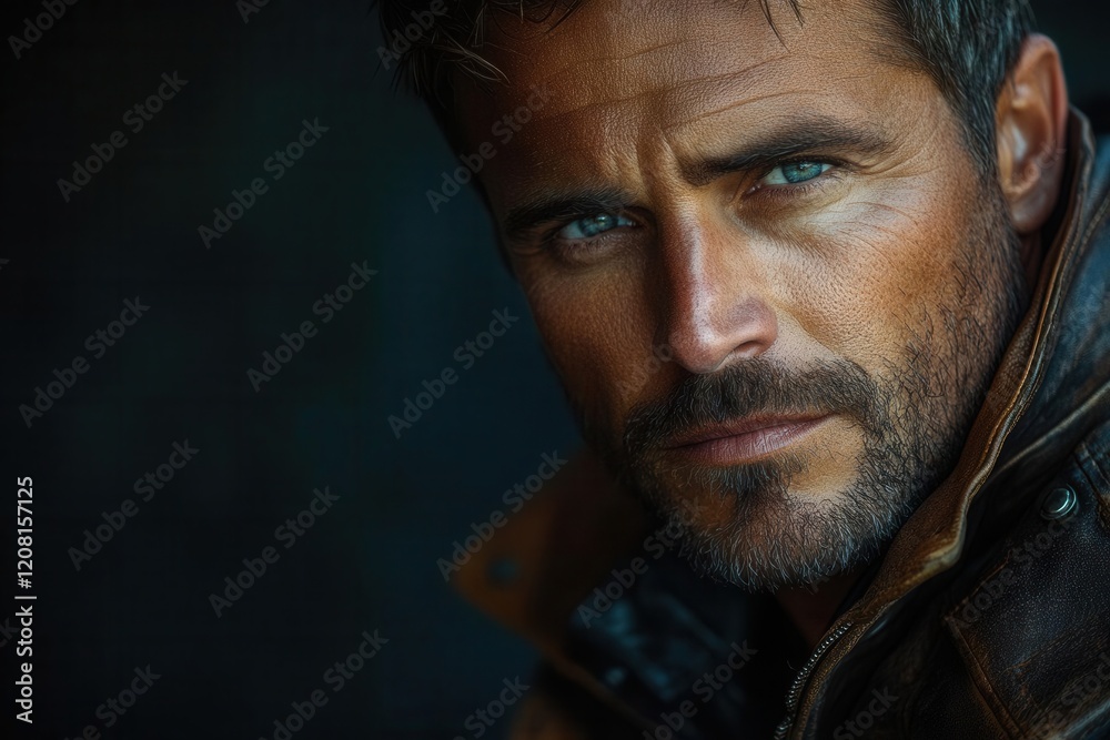 closeup of a man in a leather jacket showcasing his rugged style and confident demeanor framed against a dark edgy background that enhances his presence closeup of a man in a leather jacket showcasing his rugged style and confident demeanor framed against a dark edgy background that enhances his presence