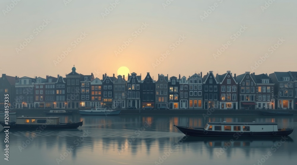 Amsterdam Canal Sunset: Serene Dusk over Historic Houses Amsterdam Canal Sunset: Serene Dusk over Historic Houses