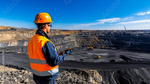 A worker observes a mining site from above, with heavy machinery operating below.