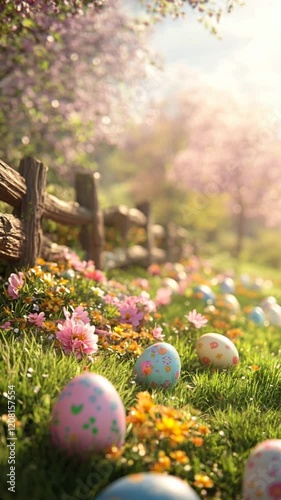 Zooming in on colorful decorated easter eggs nestled amongst spring flowers and a wooden fence