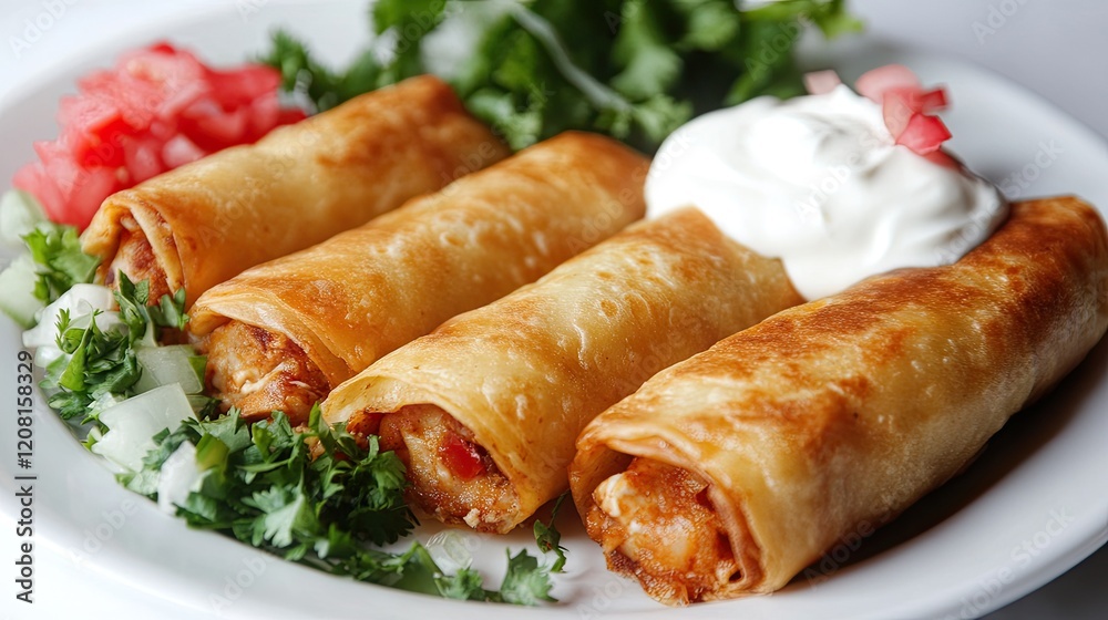 Plate of flautas filled with chicken and served with sour cream on a white surface Plate of flautas filled with chicken and served with sour cream on a white surface