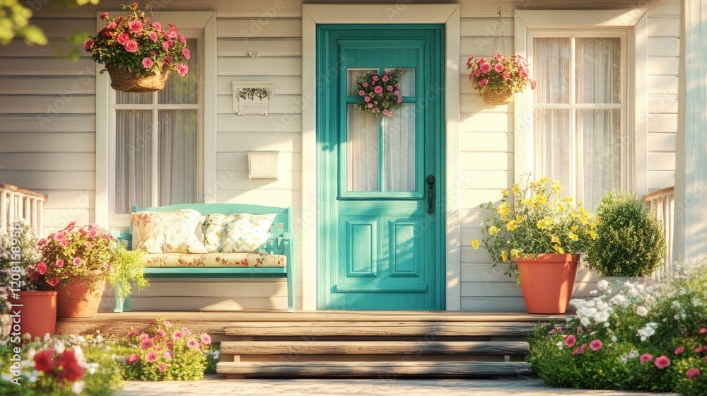 Naklejka premium Charming front porch with colorful flowers in pots, a teal front door, and a cozy bench with cushions, sunny spring day generative ai