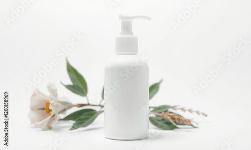 clean white bottle with pump sits beside flower and leaves, perfect for cosmetic or skincare products. Ideal for branding and packaging designs
