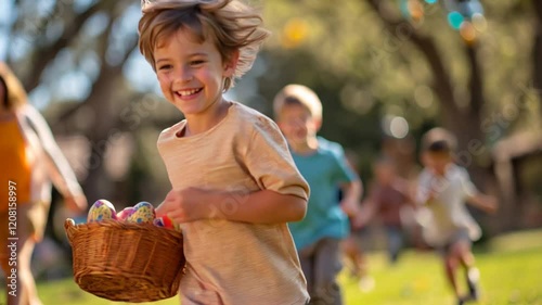 Cheerful kids gathering colorful easter eggs, running across grassy park, smiling under bright sunlight