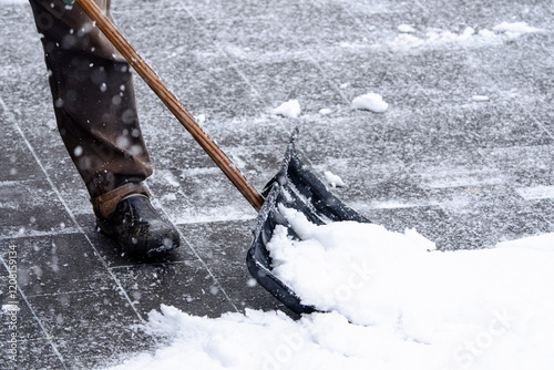 A man is shoveling snow with a snowplow