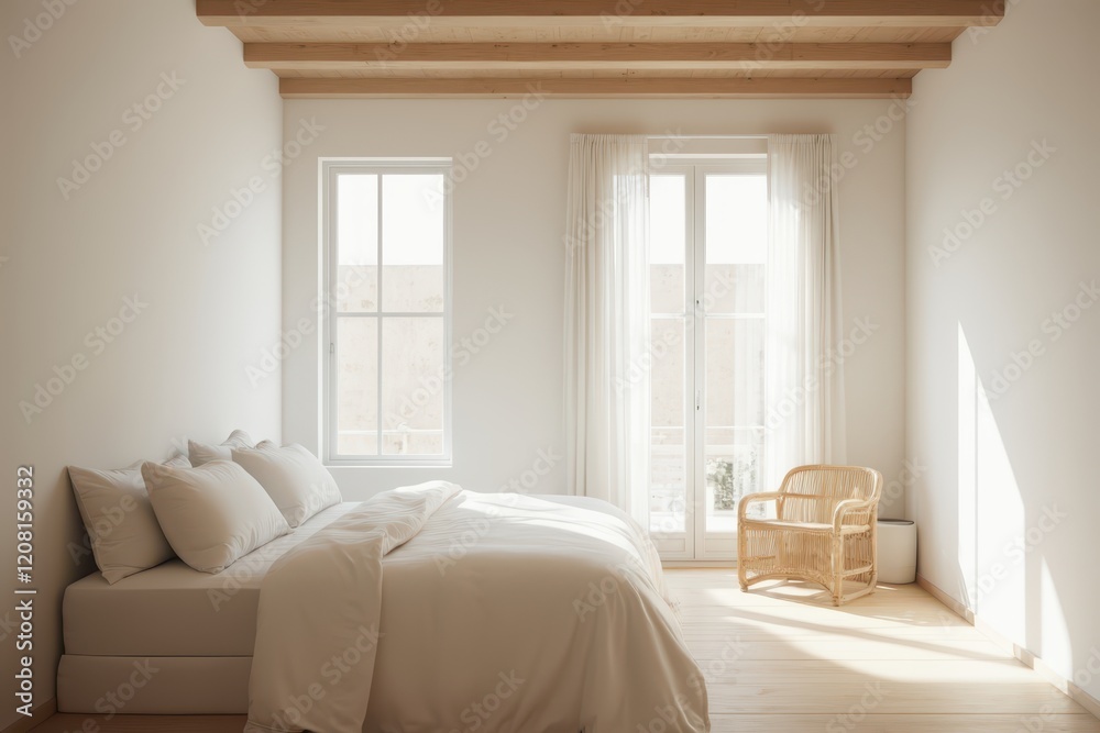Fototapeta premium a bedroom with white walls and wooden beams