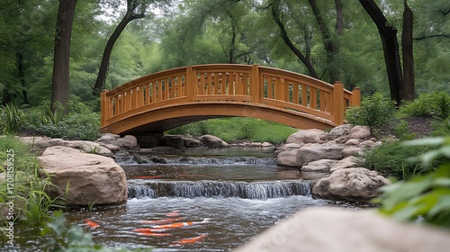 Wooden Bridge Arching Over Koi Pond Stream photo