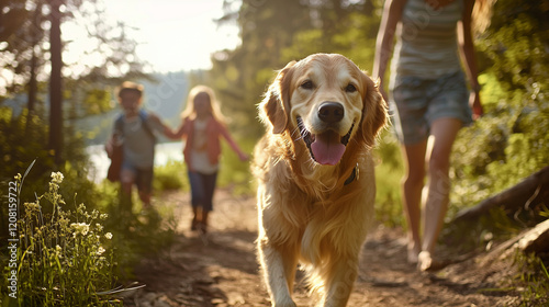 Retriever Leading Family on Wooded Path by Pond photo