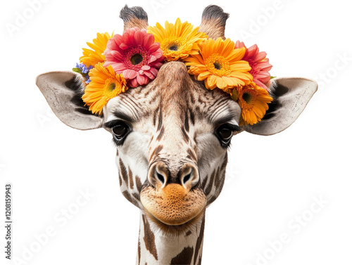 Whimsical Giraffe Portrait With Vibrant Floral Crown on White Background. photo