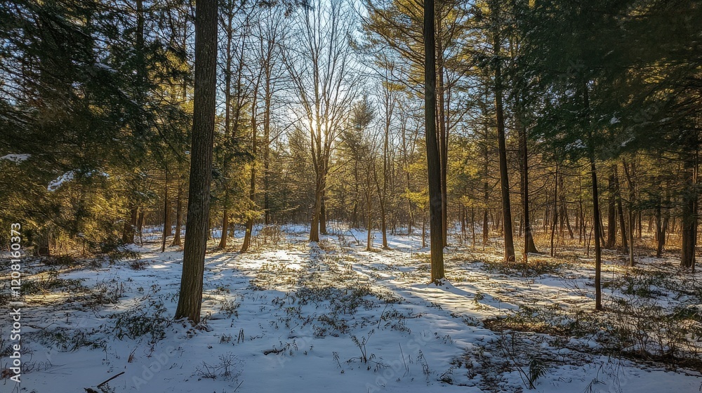 Sunlit Winter Forest Snow Covered Ground Sunlit Winter Forest Snow Covered Ground