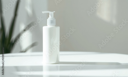 sleek white bottle with pump sits on table, casting soft shadow in bright, minimalistic setting. design is perfect for skincare or cosmetic products