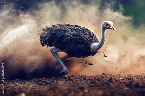 An ostrich running at full speed across an open farm field, dirt and grass flying up behind it. photo