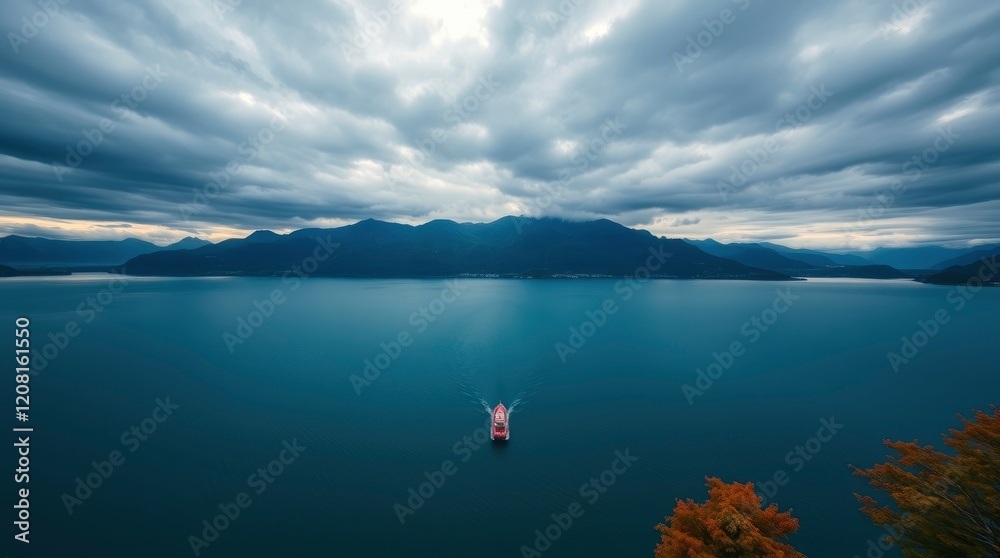 Fototapeta premium Solitary Vessel on Serene Lake: A Moody Landscape
