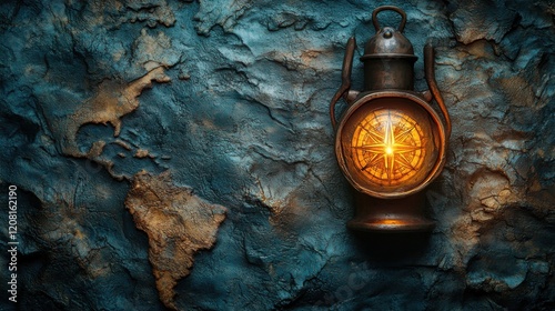 Vintage lantern illuminating a textured map background, evoking exploration and adventure themes photo