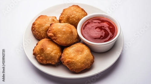 Plate of kachori stuffed with lentils served with tangy tamarind chutney on a white backdrop