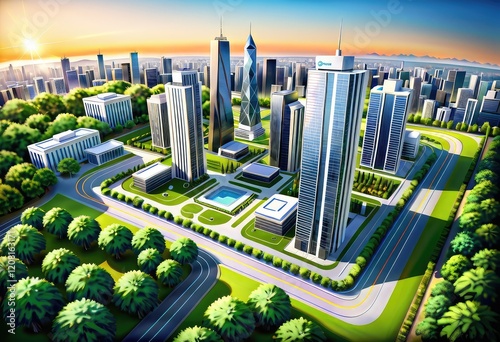 An aerial view showcasing a city skyline filled with tall buildings