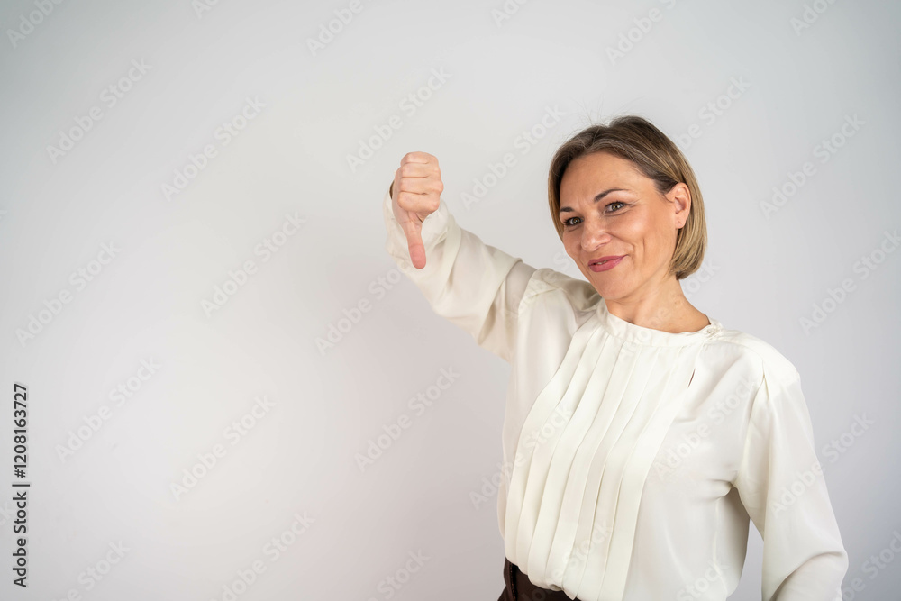 Mature businesswoman showing thumb down sign
Mature businesswoman showing thumb down sign
