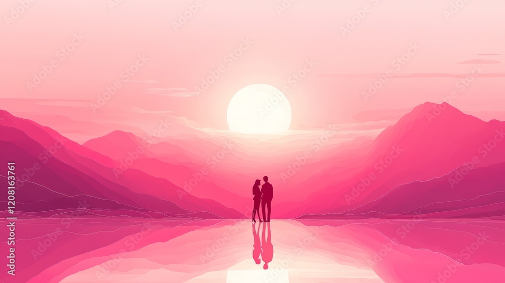A couples silhouettes under a soft pink sky, minimalist Valentine's Day illustration with clean lines A couples silhouettes under a soft pink sky, minimalist Valentine's Day illustration with clean lines