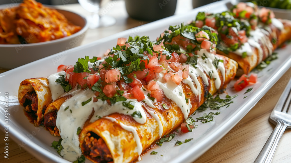 Family platter of enchiladas in a white dish with queso fresco, cilantro, and diced tomatoes. Family platter of enchiladas in a white dish with queso fresco, cilantro, and diced tomatoes.