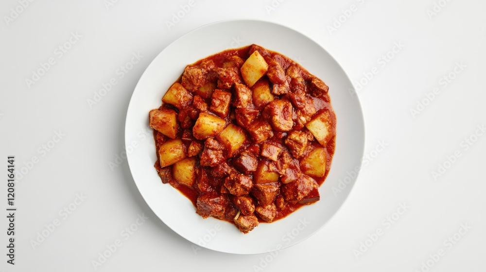 Plate of spicy vindaloo curry with chunks of meat and potatoes on a clean white background Plate of spicy vindaloo curry with chunks of meat and potatoes on a clean white background