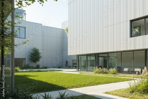 Wallpaper Mural a modern building with a courtyard and grass Torontodigital.ca