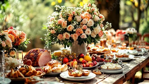 Rotating view of a decorated easter table laden with food and flowers, creating an elegant outdoor dining experience