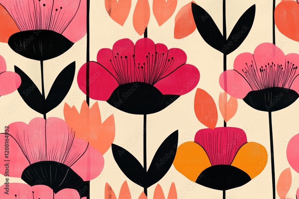 Fototapeta premium Padrão floral contínuo com flores estilizadas em tons vibrantes de rosa, laranja e preto, com folhas detalhadas em fundo claro, criado com IA generativa. 